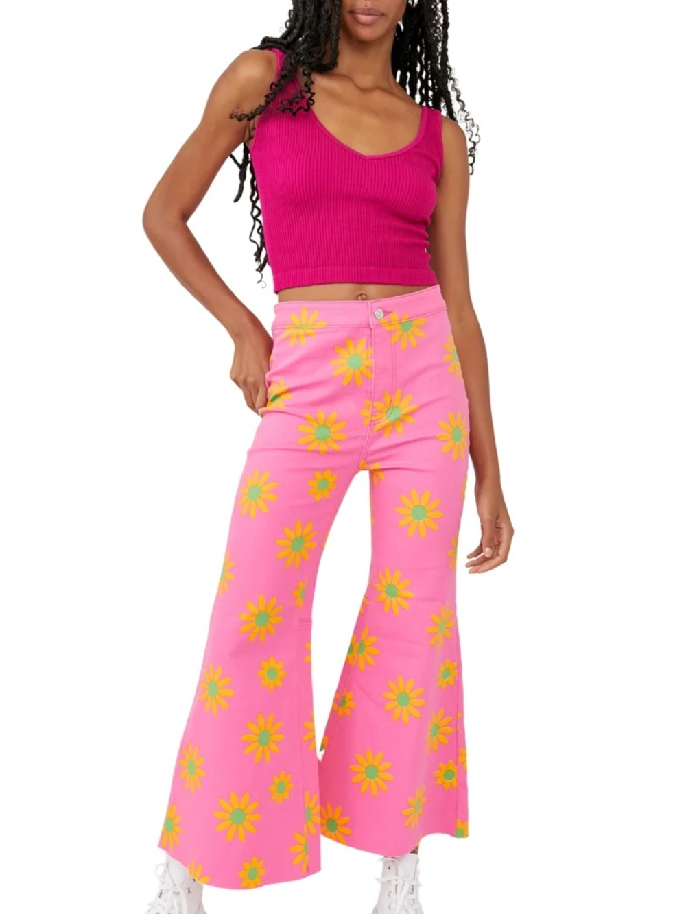 Free People Pink Floral Wide-Leg Ankle Jeans